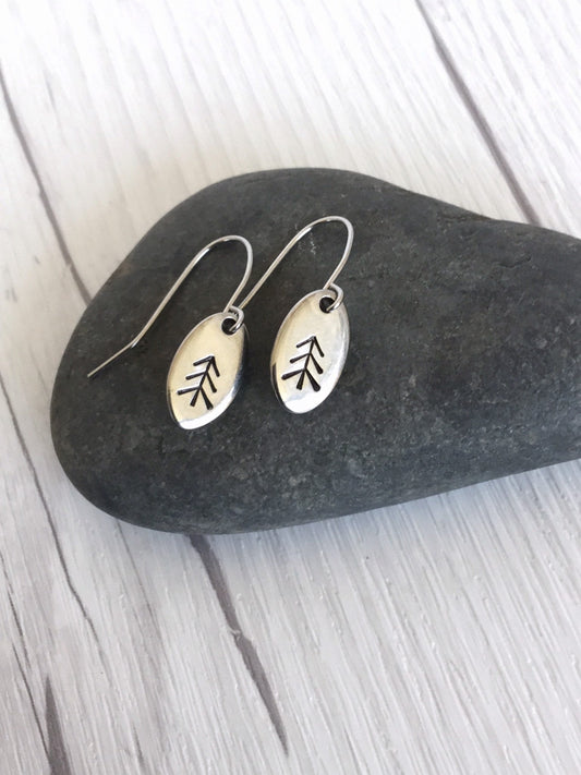 Straight Pine Tree Oval Stainless Steel Earrings