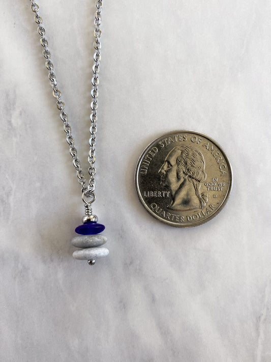 3 Stone Indigo Flat Cairn Necklace - Blue Glass Pebble Necklace - Stainless Steel Beach Stone Necklace - Stacked Rock Necklace
