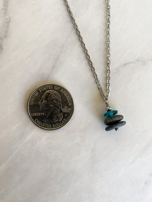 3 Stone Teal Flat Cairn Necklace - Green Glass Pebble Necklace - Stainless Steel Beach Stone Necklace - Stacked Rock Necklace