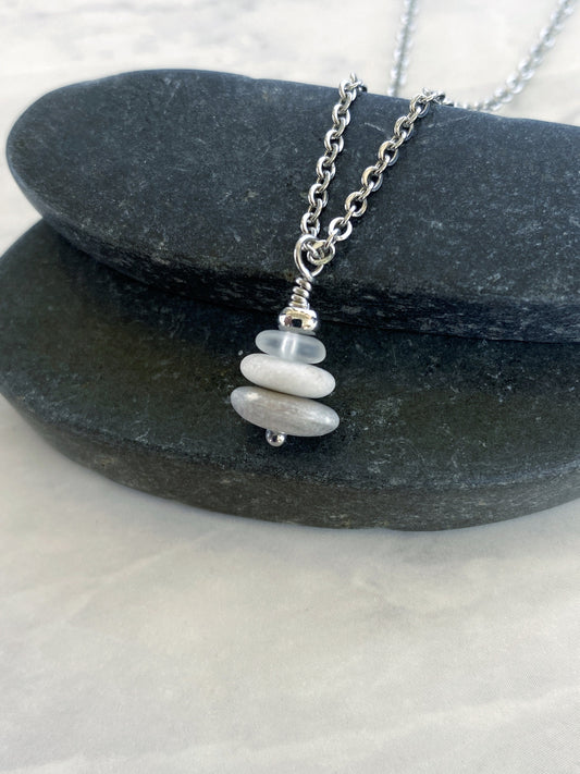 3 Stone Clear Glass Flat Cairn Necklace - Clear Glass Pebble Necklace - Stainless Steel Beach Stone Necklace - Stacked Rock Necklace