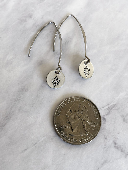Drop Autumn Leaves Earrings - Leaf Earrings - Stainless Steel Stamped Round Dangle Earrings - Silver Leaf Jewelry