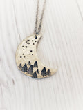 Ellie B's Creations - Crescent Moon Necklace - Silver Trees and Stars Necklace - Hand Stamped Nature Necklace - Moon and Trees Pendant