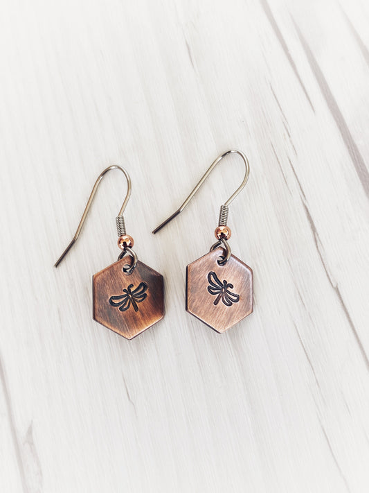 Ellie B's Creations - Copper Hexagon Dragonfly Earrings - Dragonfly Dangle Earrings - Hand Stamped Earrings - Minimalist Dragonfly Earrings