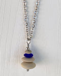 4 Stone Beige & Blue Flat Pebble Cairn Necklace - Blue Glass Pebble Necklace - Stainless Steel Beach Stone Necklace - Stacked Rock Necklace