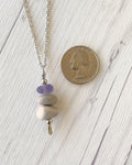 3 Stone Lavender Glass & Beige Stone Large Cairn Necklace - Stainless Steel Beach Stone Necklace - Cairn Pendant - Stacked Rock Necklace