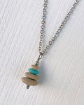 4 Stone Turquoise & Beige Flat Pebble Cairn Necklace - Aqua Glass Necklace - Stainless Steel Beach Stone Necklace - Stacked Rock Necklace