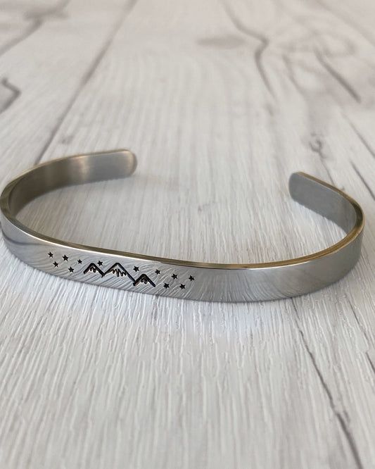 Mountains & Stars Stainless Steel Cuff Bracelet - Mountain Night Bracelet - Mountain Silver Bracelet - 3 Peaks Bracelet - Hiker Camper Gift