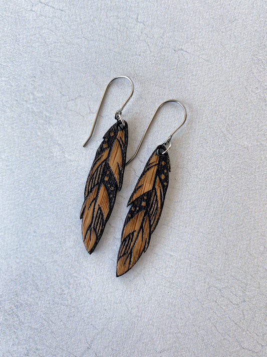 Wood Feather Earrings - White Oak Engraved Feather Earrings - Laser Cut Earrings - Feather Dangle Earrings - Oak Dangle Earrings