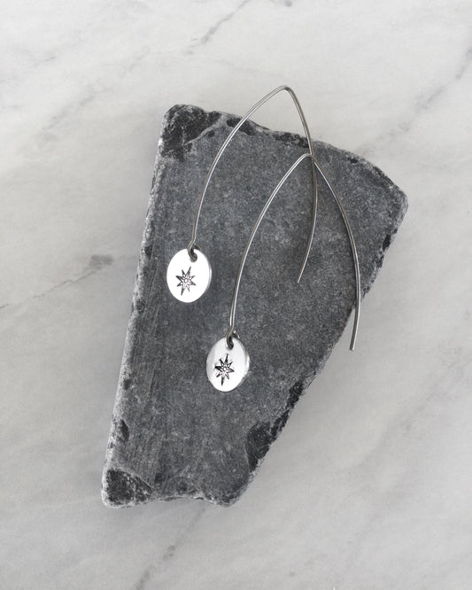 Compass Rose Long Round Stainless Steel Earrings