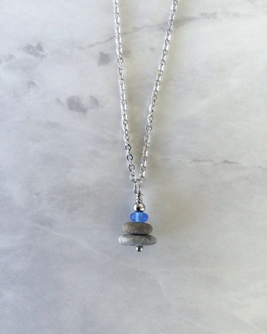 Delicate 3 Stone Periwinkle Glass & Flat Pebble Cairn Necklace