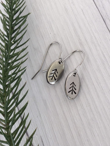 Straight Pine Tree Oval Stainless Steel Earrings