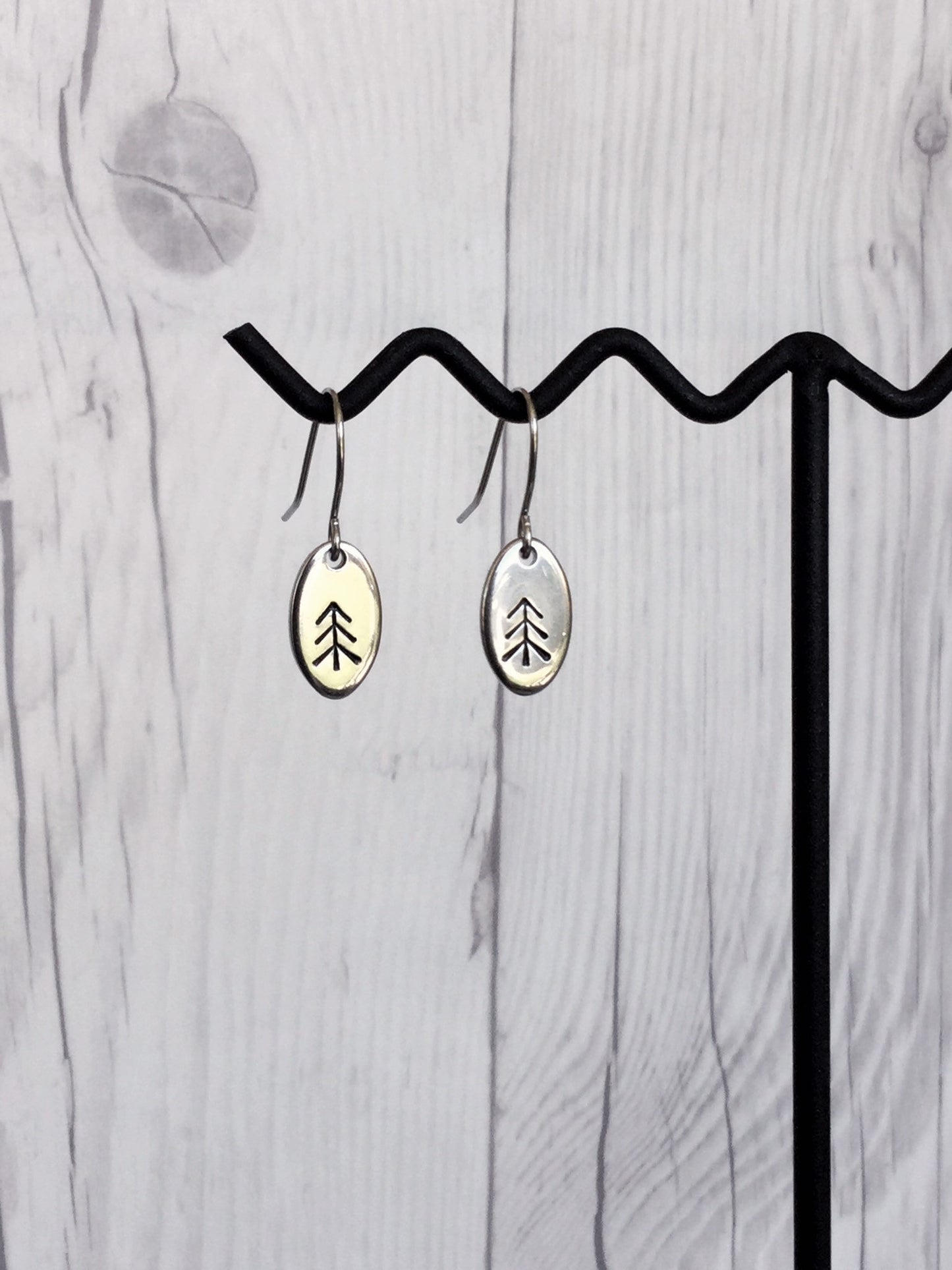 Straight Pine Tree Oval Stainless Steel Earrings