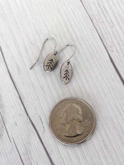 Straight Pine Tree Oval Stainless Steel Earrings
