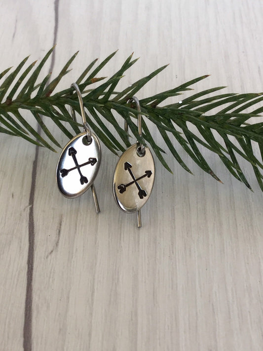 Crossed Arrows Oval Stainless Steel Earrings