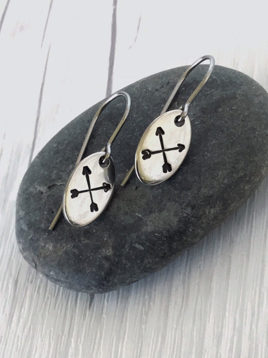 Crossed Arrows Oval Stainless Steel Earrings