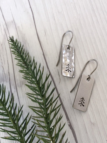 Curved Pine Tree Rectangle Stainless Steel Earrings
