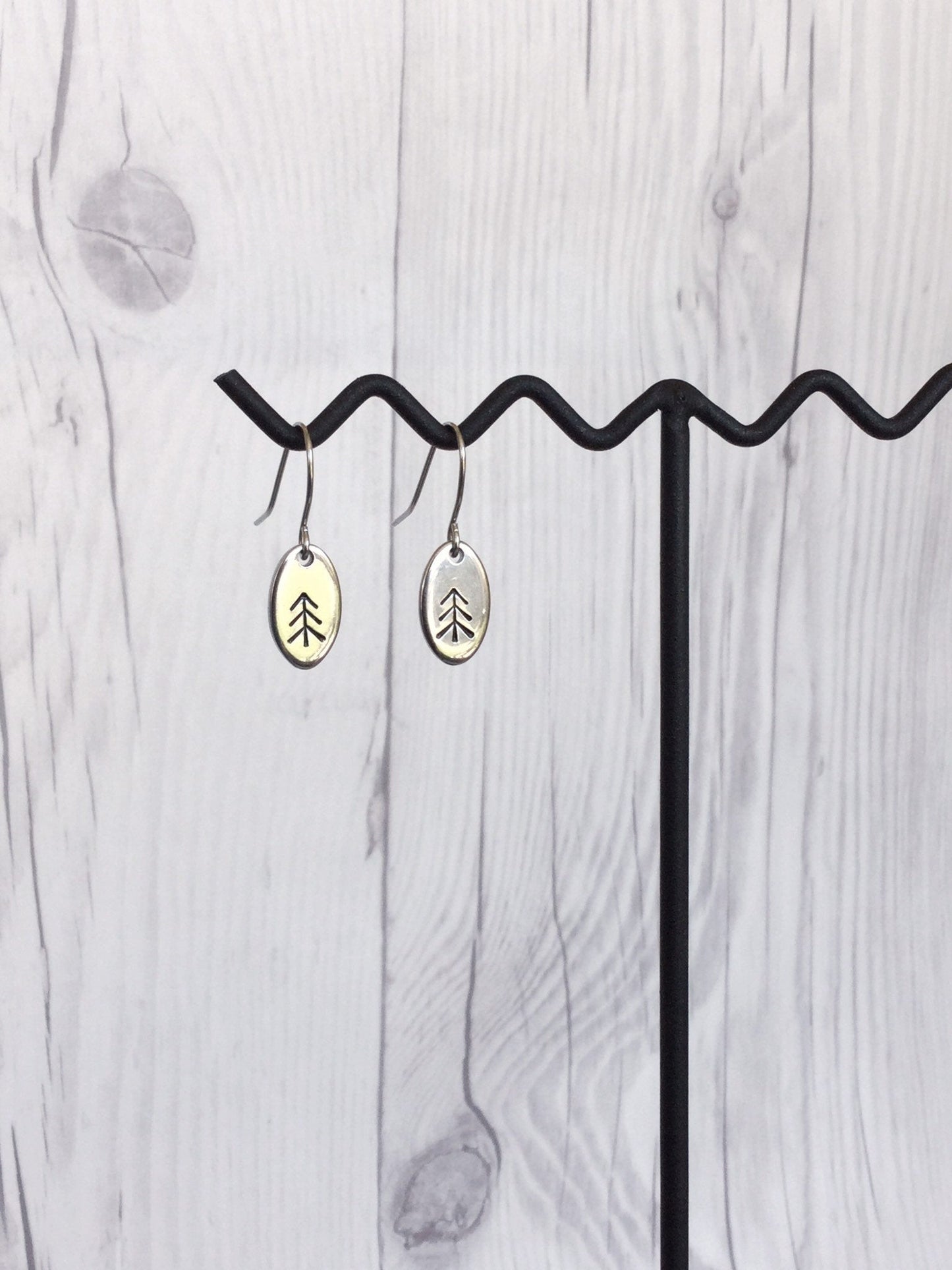 Straight Pine Tree Oval Stainless Steel Earrings