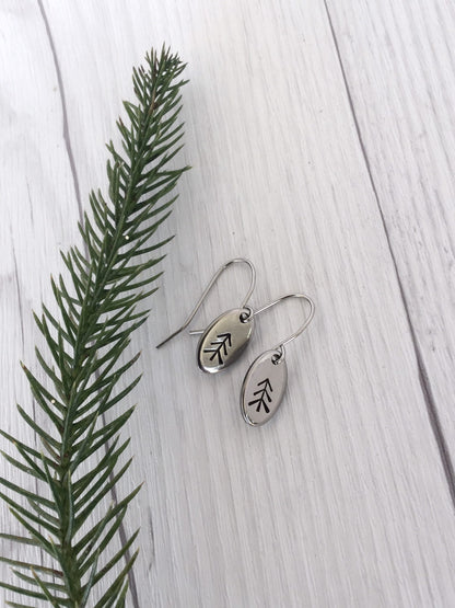 Straight Pine Tree Oval Stainless Steel Earrings