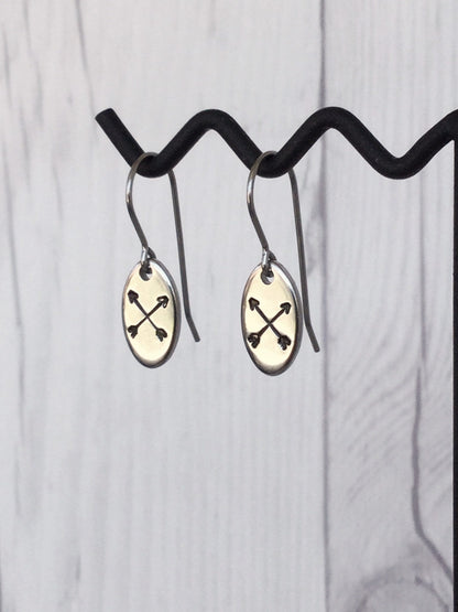 Crossed Arrows Oval Stainless Steel Earrings