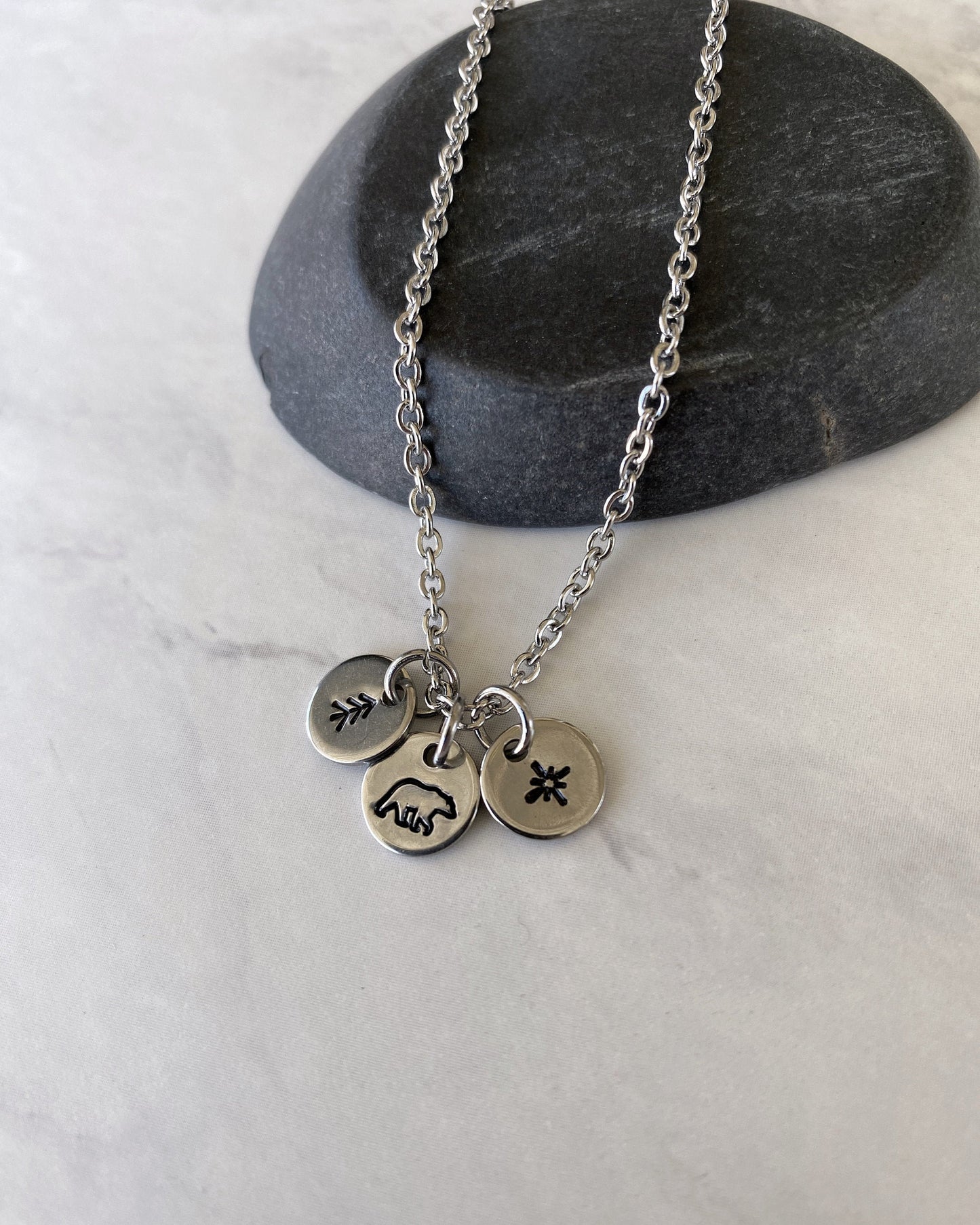 Bear Star Pine Necklace - Wilderness Charm Necklace - 18" Stainless Steel Travel Necklace - Traveler Gift  - Minimalist Hiker Necklace