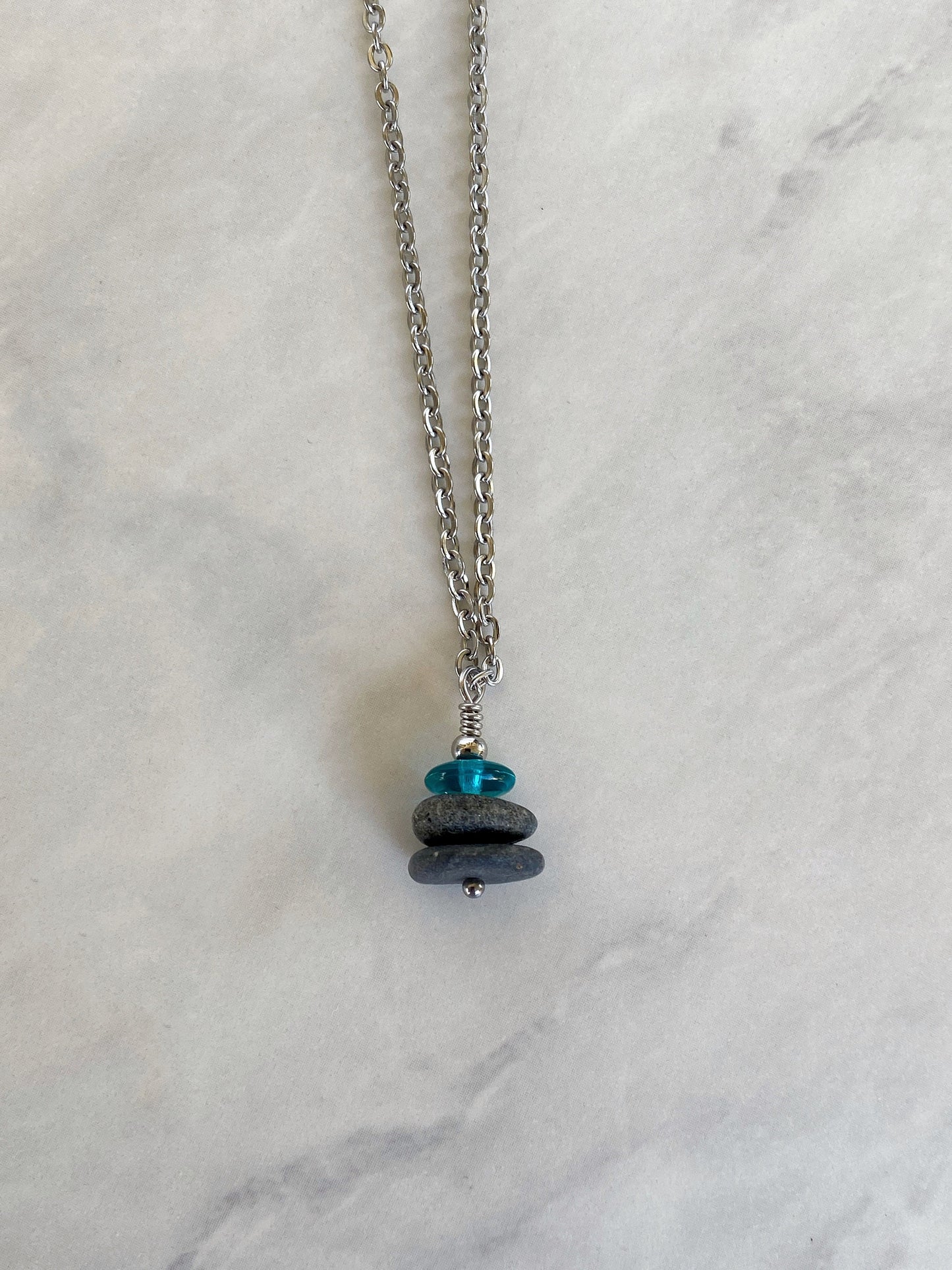 3 Stone Teal Flat Cairn Necklace - Green Glass Pebble Necklace - Stainless Steel Beach Stone Necklace - Stacked Rock Necklace