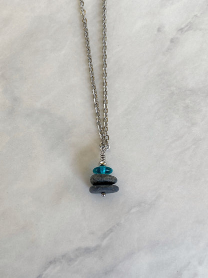 3 Stone Teal Flat Cairn Necklace - Green Glass Pebble Necklace - Stainless Steel Beach Stone Necklace - Stacked Rock Necklace