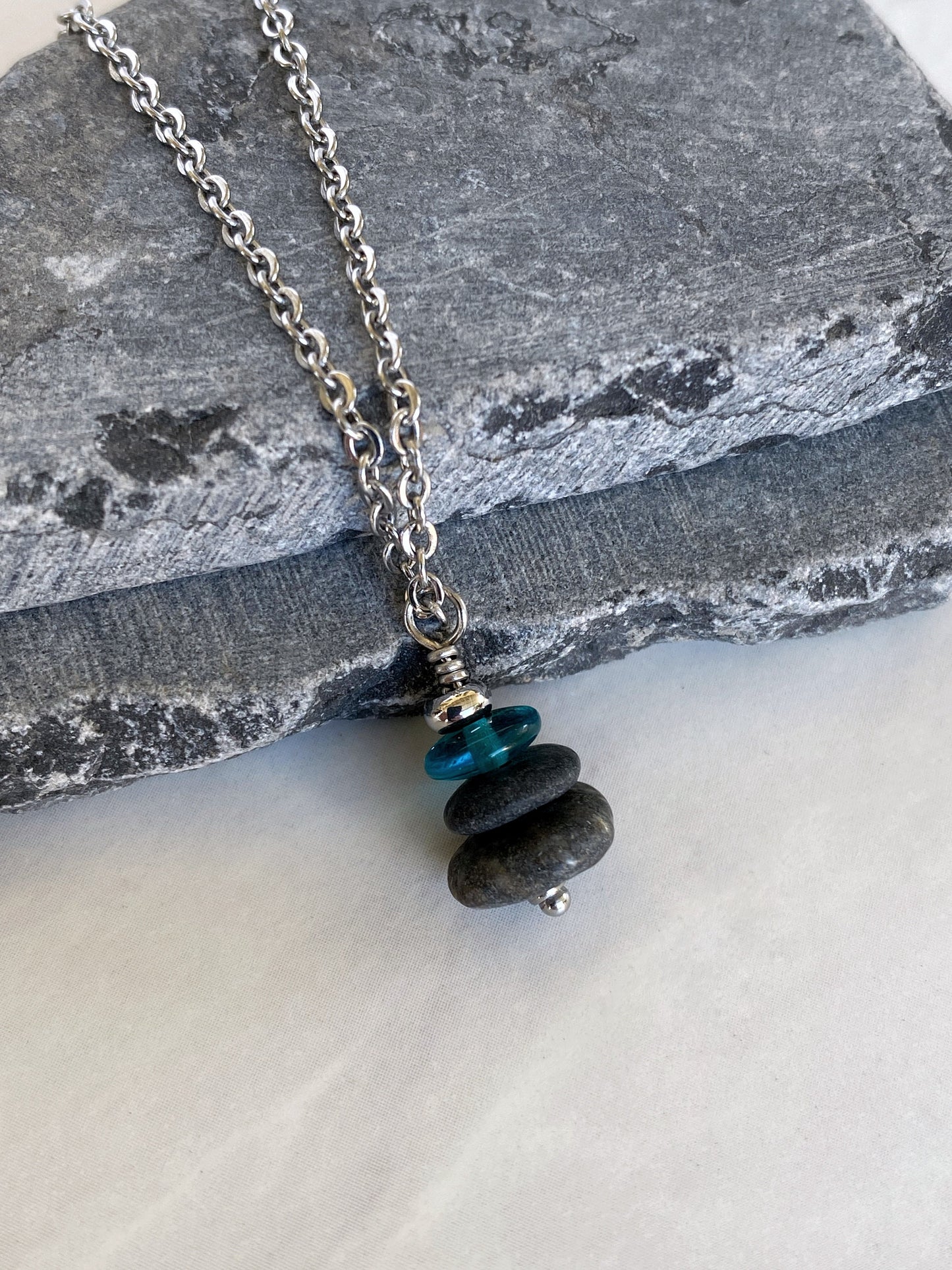 3 Stone Teal Flat Cairn Necklace - Green Glass Pebble Necklace - Stainless Steel Beach Stone Necklace - Stacked Rock Necklace