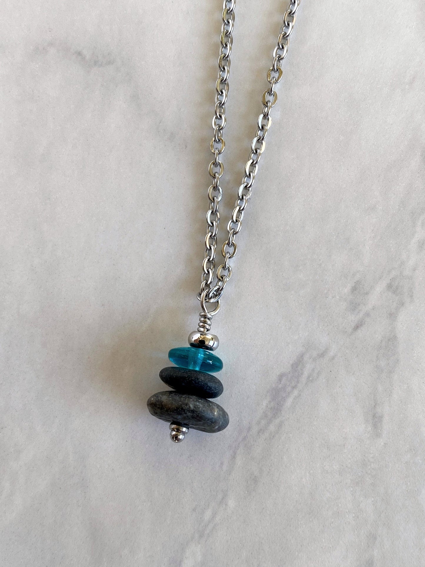 3 Stone Teal Flat Cairn Necklace - Green Glass Pebble Necklace - Stainless Steel Beach Stone Necklace - Stacked Rock Necklace