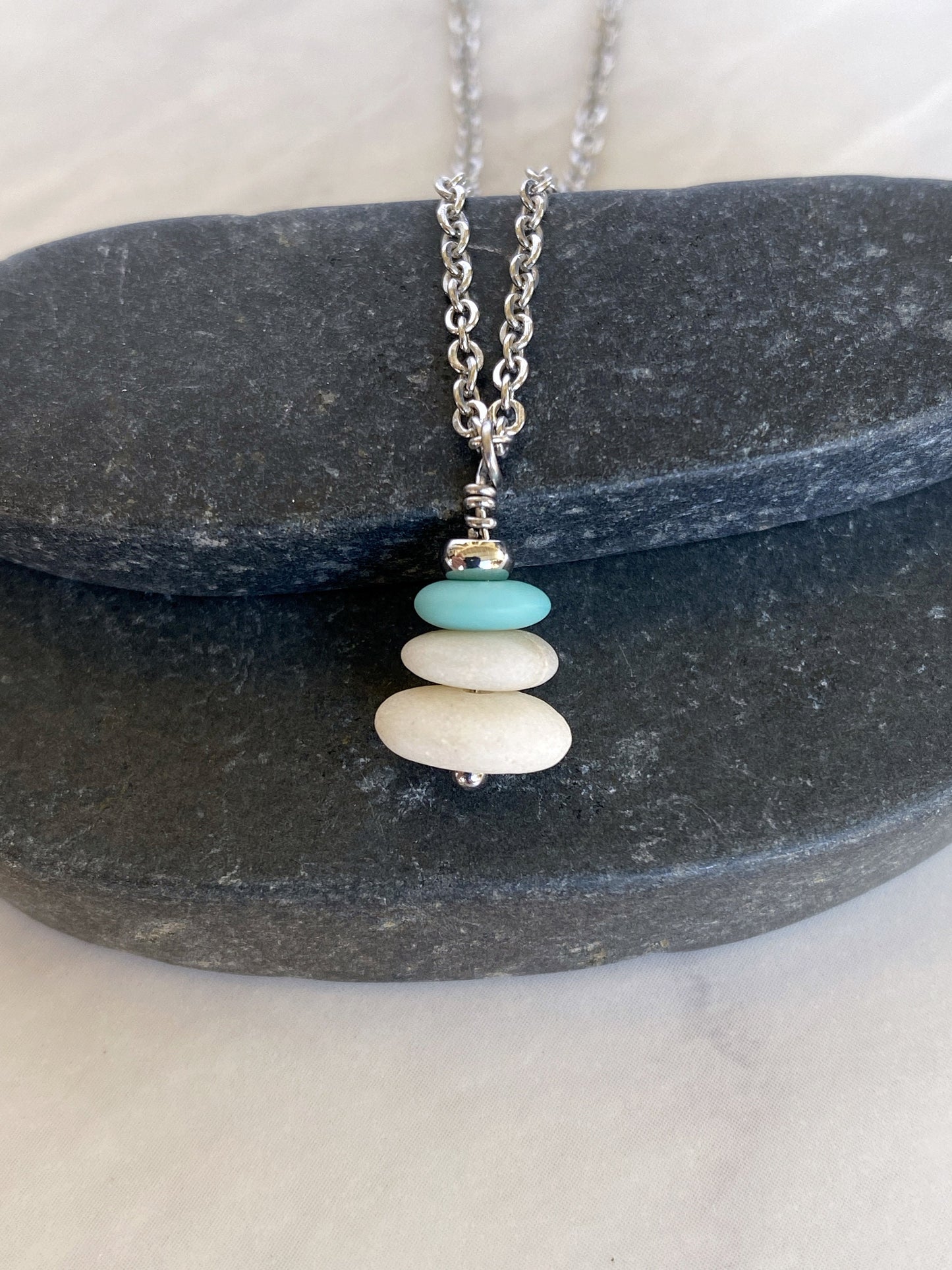 3 Stone Aqua Flat Cairn Necklace - Turquoise Glass Pebble Necklace - Stainless Steel Beach Stone Necklace - Stacked Rock Necklace