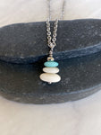 3 Stone Aqua Flat Cairn Necklace - Turquoise Glass Pebble Necklace - Stainless Steel Beach Stone Necklace - Stacked Rock Necklace