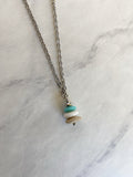 3 Stone Aqua Flat Cairn Necklace - Turquoise Glass Pebble Necklace - Stainless Steel Beach Stone Necklace - Stacked Rock Necklace