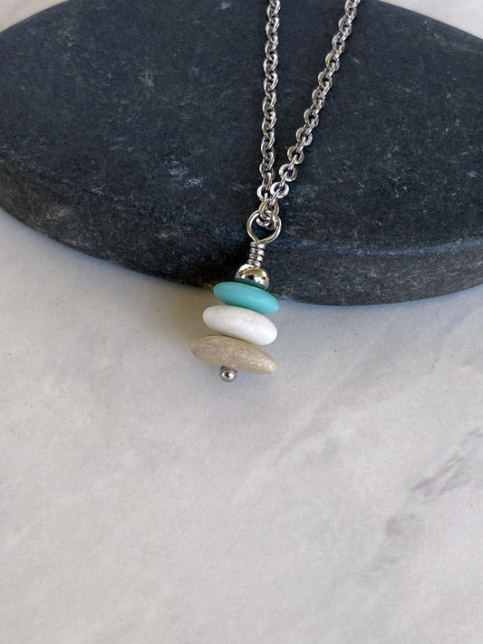 3 Stone Aqua Flat Cairn Necklace - Turquoise Glass Pebble Necklace - Stainless Steel Beach Stone Necklace - Stacked Rock Necklace