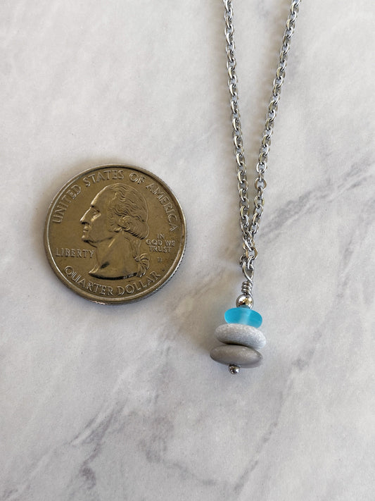 3 Stone Light Blue Flat Cairn Necklace - Blue Glass Pebble Necklace - Stainless Steel Beach Stone Necklace - Stacked Rock Necklace