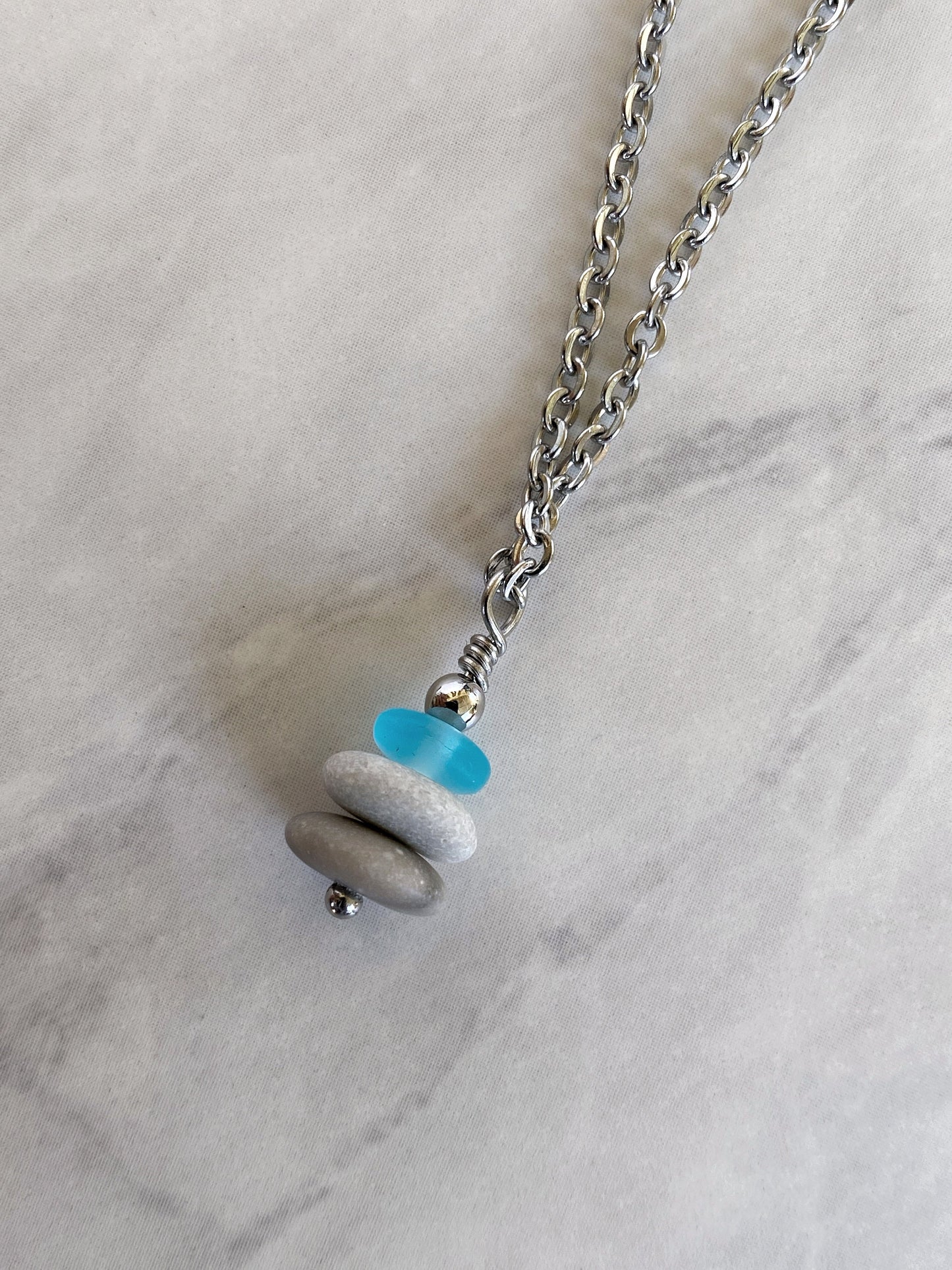 3 Stone Light Blue Flat Cairn Necklace - Blue Glass Pebble Necklace - Stainless Steel Beach Stone Necklace - Stacked Rock Necklace
