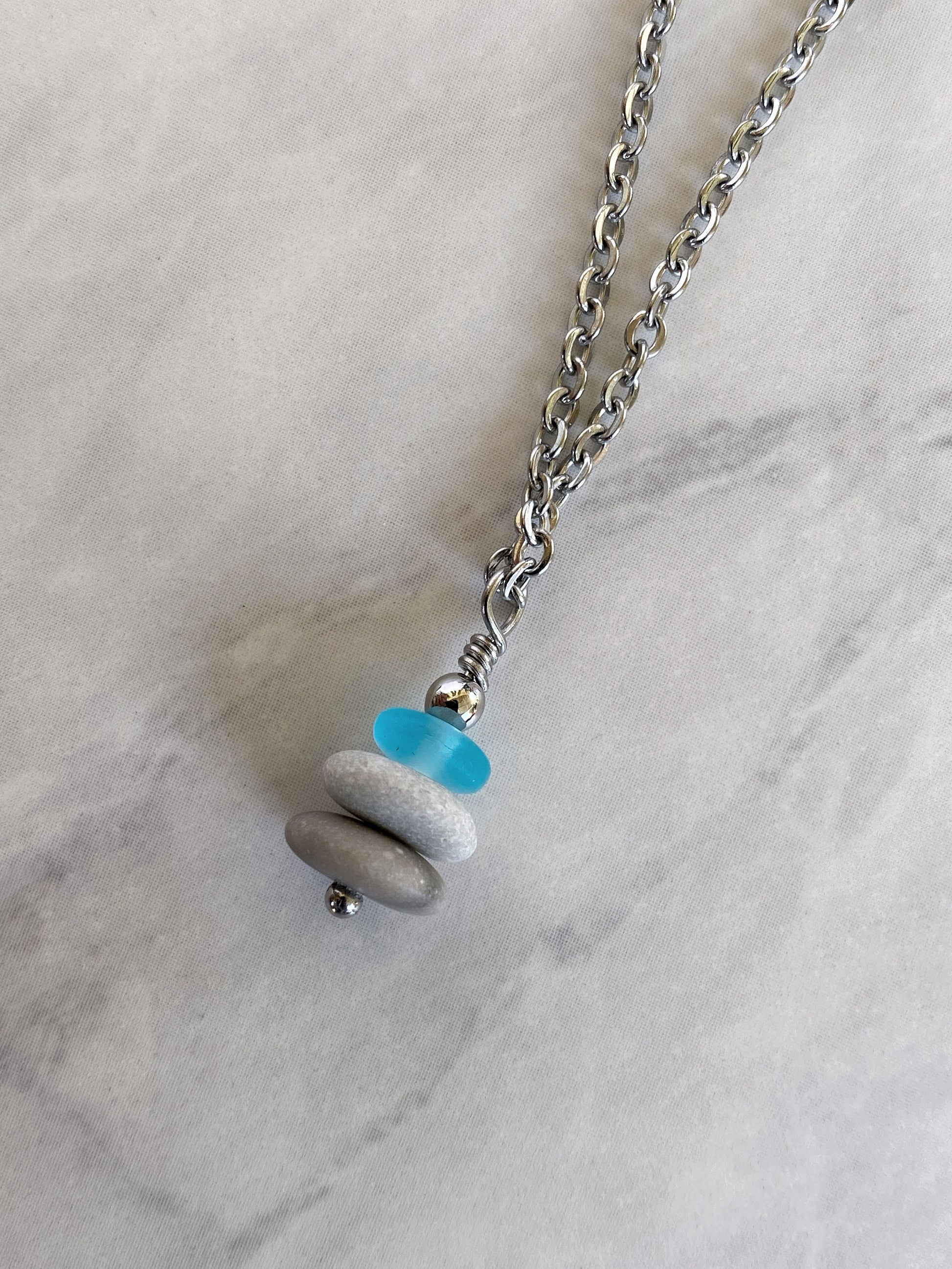 3 Stone Light Blue Flat Cairn Necklace - Blue Glass Pebble Necklace - Stainless Steel Beach Stone Necklace - Stacked Rock Necklace
