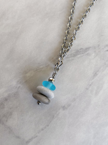 3 Stone Light Blue Flat Cairn Necklace - Blue Glass Pebble Necklace - Stainless Steel Beach Stone Necklace - Stacked Rock Necklace