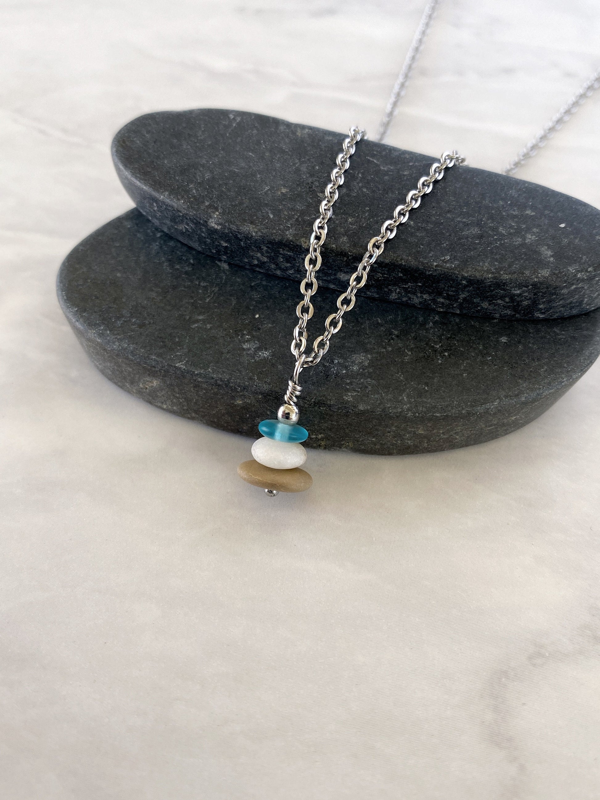 3 Stone Light Blue Flat Cairn Necklace - Blue Glass Pebble Necklace - Stainless Steel Beach Stone Necklace - Stacked Rock Necklace