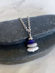 3 Stone Indigo Flat Cairn Necklace - Blue Glass Pebble Necklace - Stainless Steel Beach Stone Necklace - Stacked Rock Necklace