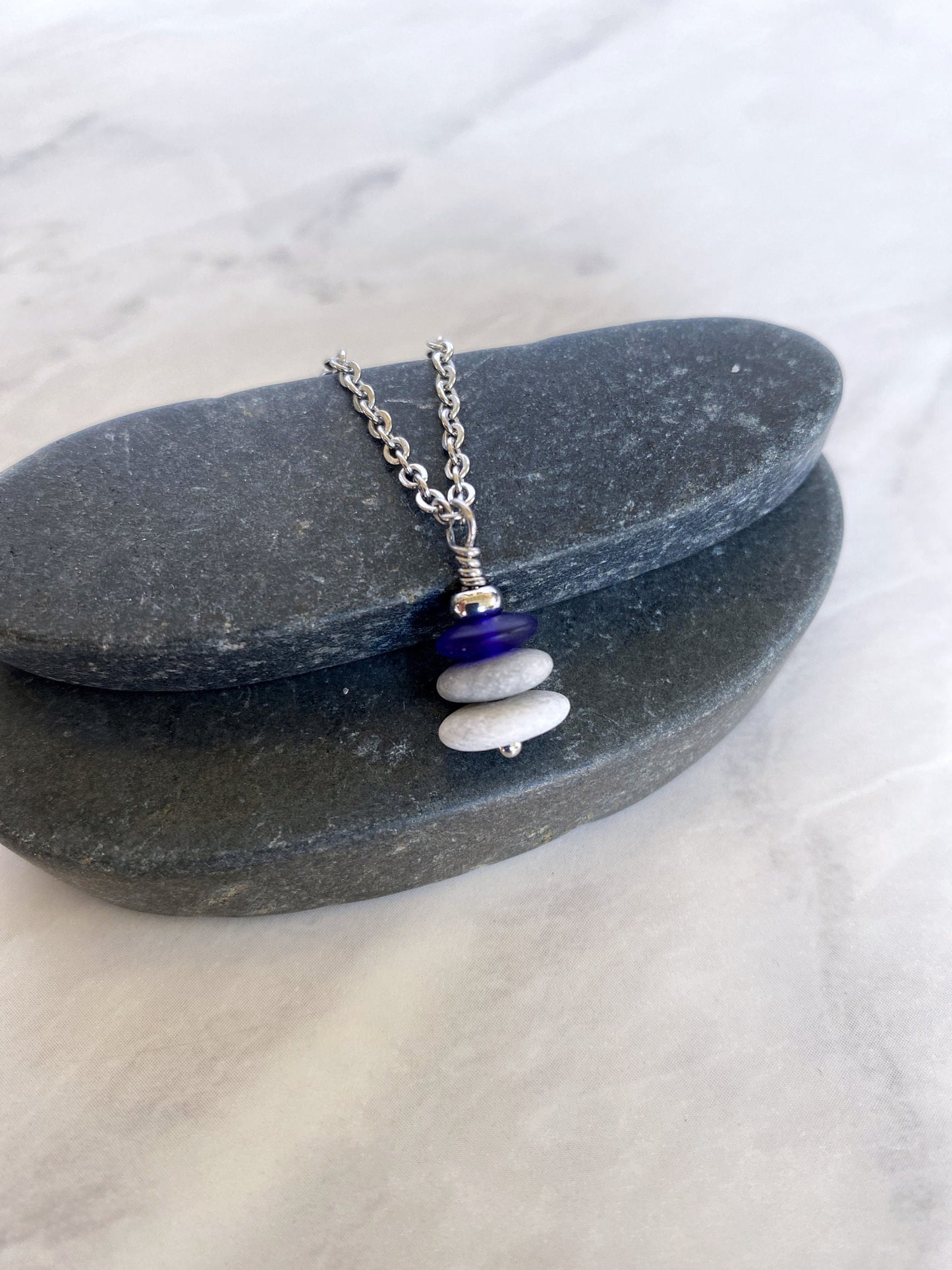 3 Stone Indigo Flat Cairn Necklace - Blue Glass Pebble Necklace - Stainless Steel Beach Stone Necklace - Stacked Rock Necklace