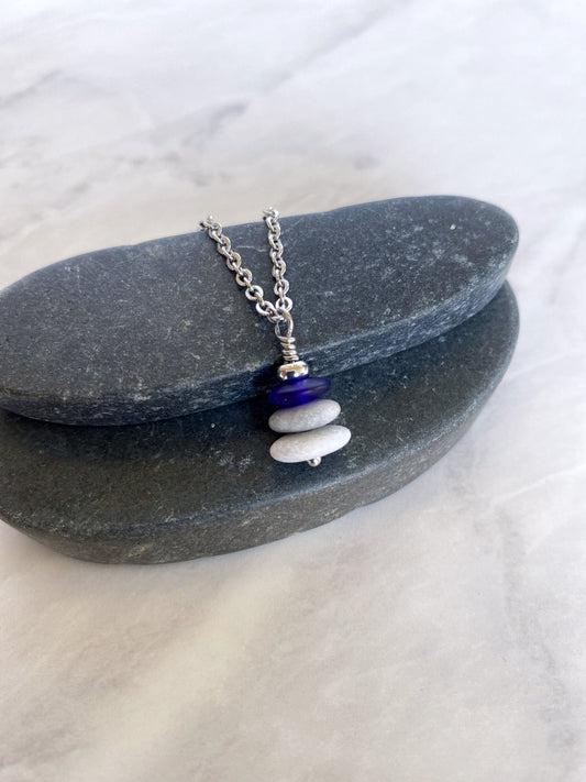 3 Stone Indigo Flat Cairn Necklace - Blue Glass Pebble Necklace - Stainless Steel Beach Stone Necklace - Stacked Rock Necklace