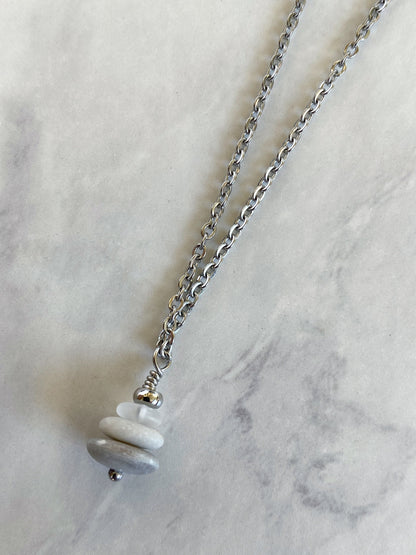 3 Stone Clear Glass Flat Cairn Necklace - Clear Glass Pebble Necklace - Stainless Steel Beach Stone Necklace - Stacked Rock Necklace