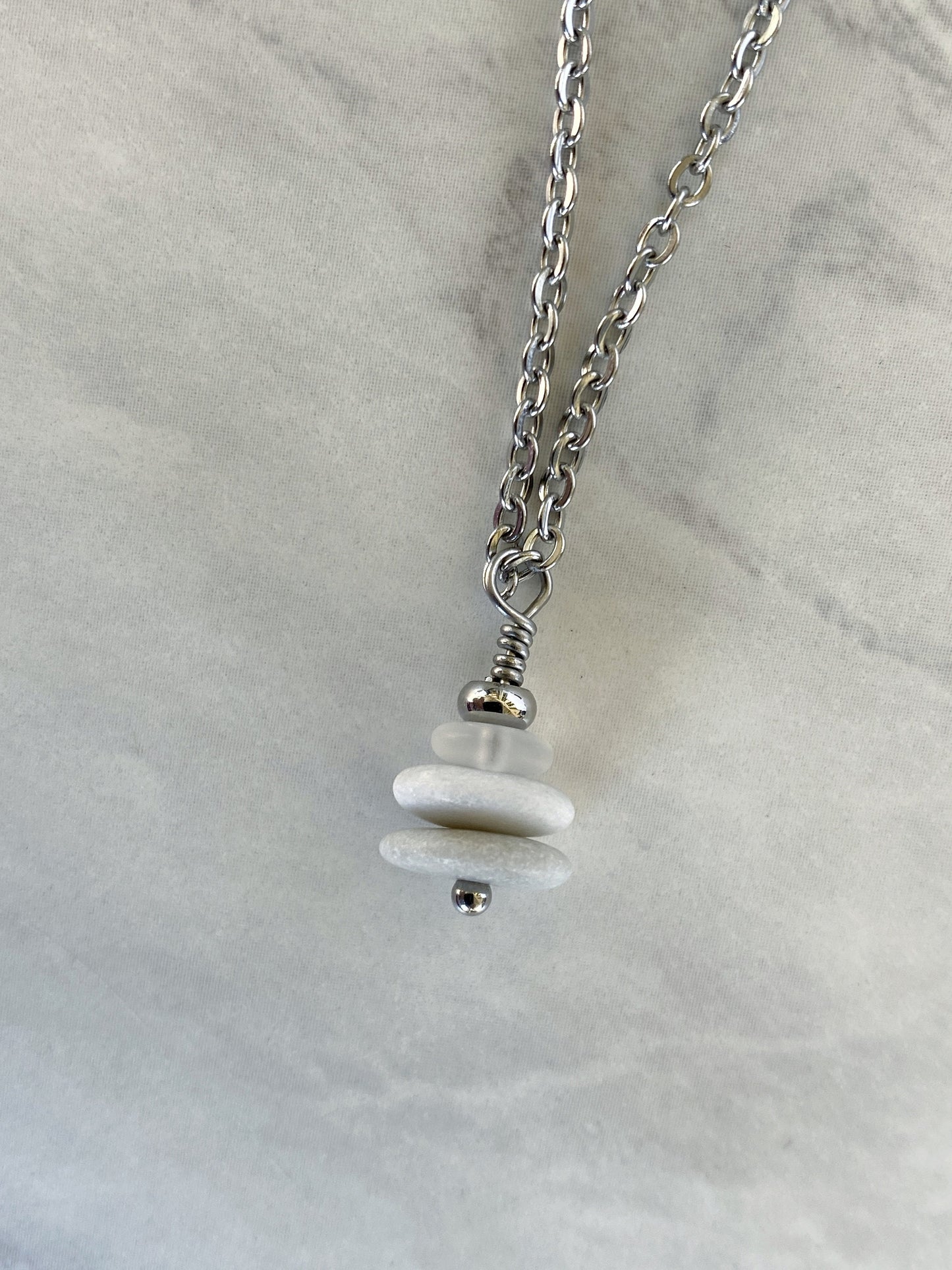 3 Stone Clear Glass Flat Cairn Necklace - Clear Glass Pebble Necklace - Stainless Steel Beach Stone Necklace - Stacked Rock Necklace