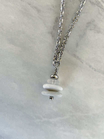 3 Stone Clear Glass Flat Cairn Necklace - Clear Glass Pebble Necklace - Stainless Steel Beach Stone Necklace - Stacked Rock Necklace
