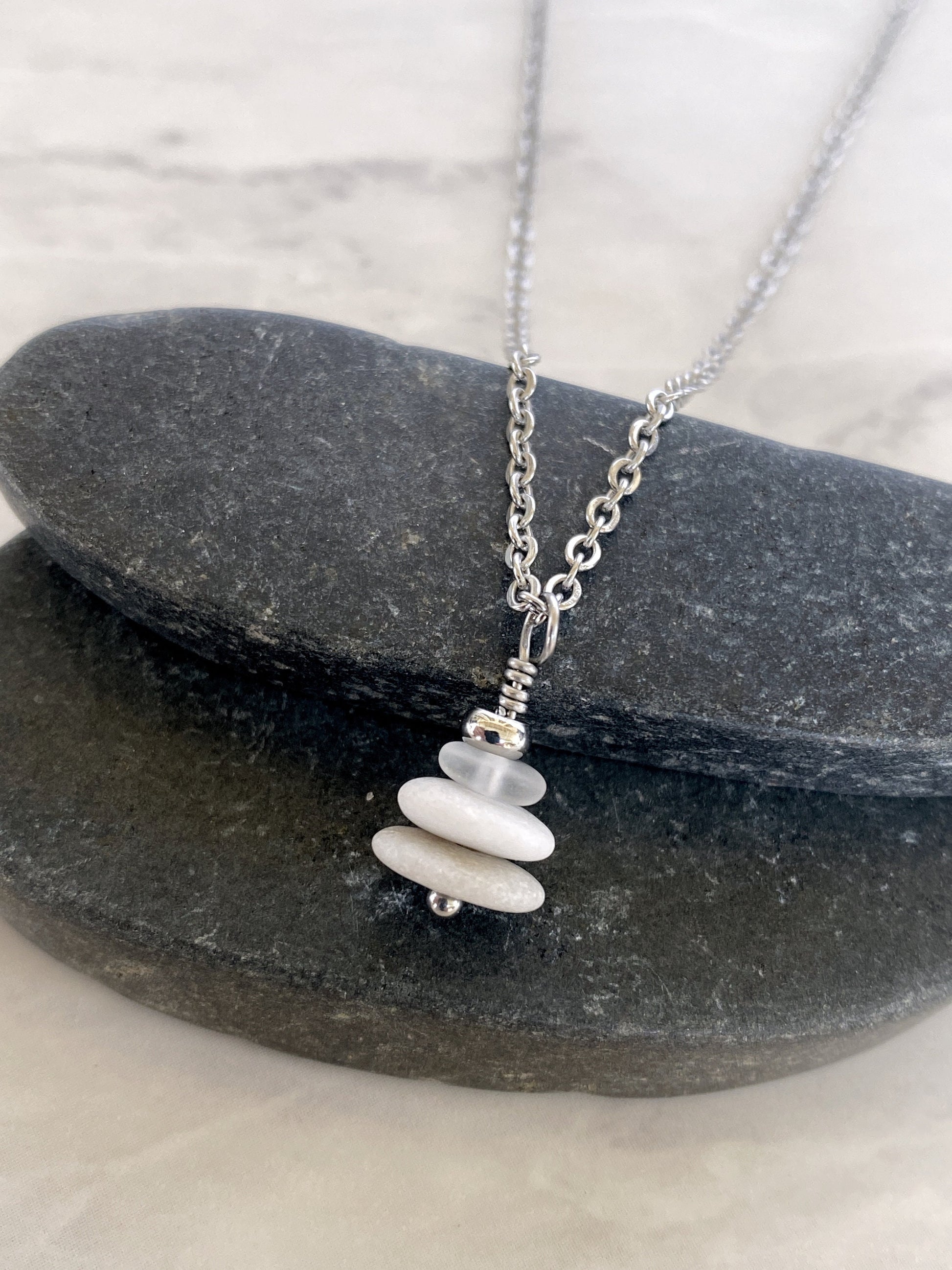 3 Stone Clear Glass Flat Cairn Necklace - Clear Glass Pebble Necklace - Stainless Steel Beach Stone Necklace - Stacked Rock Necklace