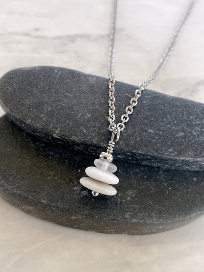 3 Stone Clear Glass Flat Cairn Necklace - Clear Glass Pebble Necklace - Stainless Steel Beach Stone Necklace - Stacked Rock Necklace