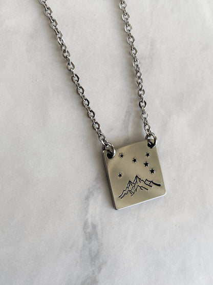 Mountains and Stars Square Necklace - Mountains Steel Stamped Necklace - Adventure Necklace - Hiker Gift - Stainless Steel Necklace