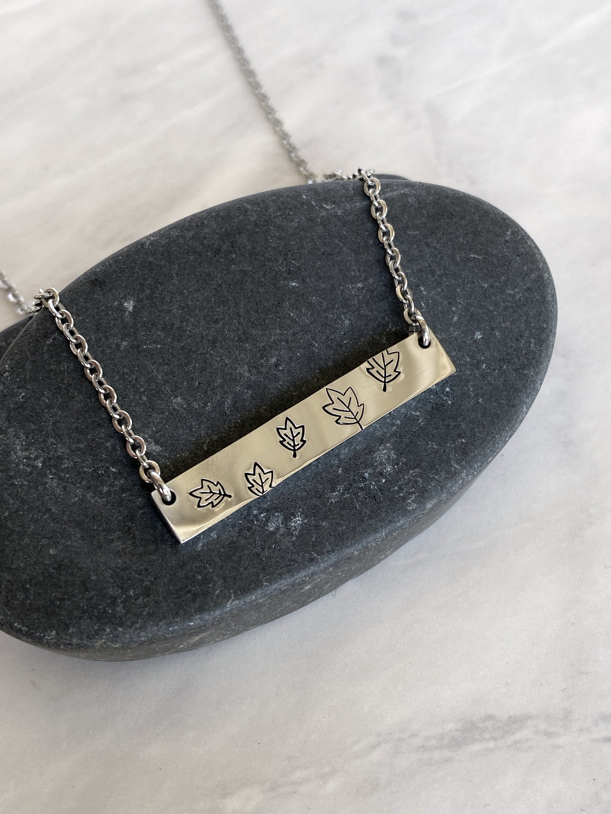 Fall Leaves Necklace - Blowing Leaves Necklace - Stainless Steel Stamped Leaves Bar Necklace - Boho Necklace