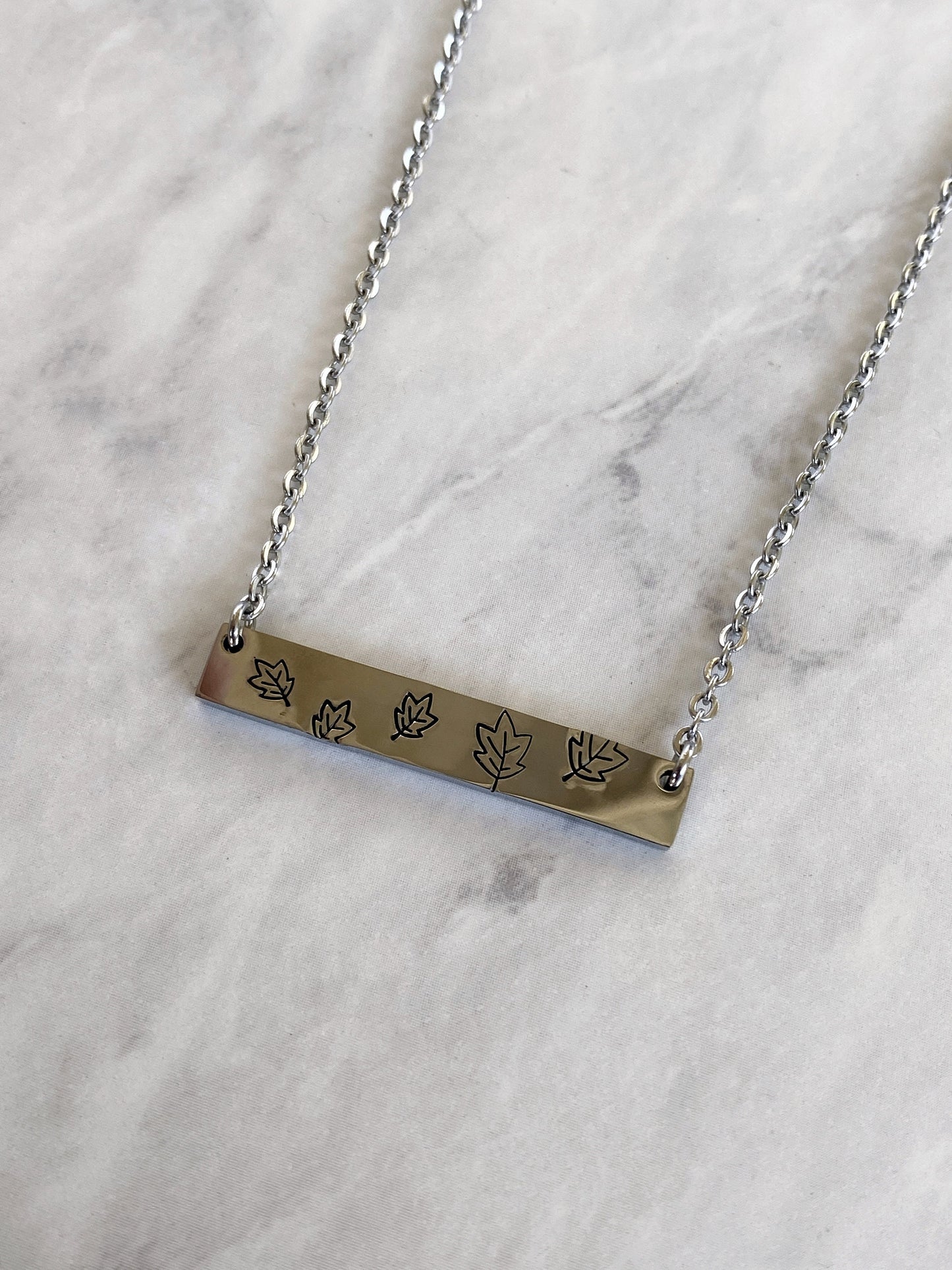 Fall Leaves Necklace - Blowing Leaves Necklace - Stainless Steel Stamped Leaves Bar Necklace - Boho Necklace