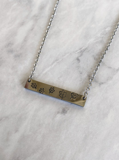 Fall Leaves Necklace - Blowing Leaves Necklace - Stainless Steel Stamped Leaves Bar Necklace - Boho Necklace