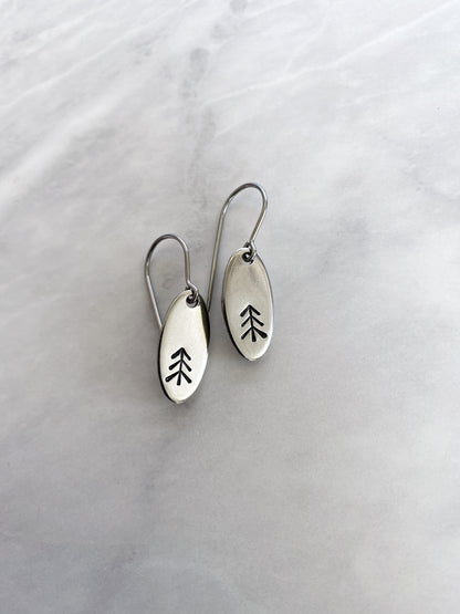 Straight Pine Tree Earrings - Camping Earrings - Silver Tree Jewelry - Stainless Steel Stamped Oval Dangle Earrings - Pine Earrings